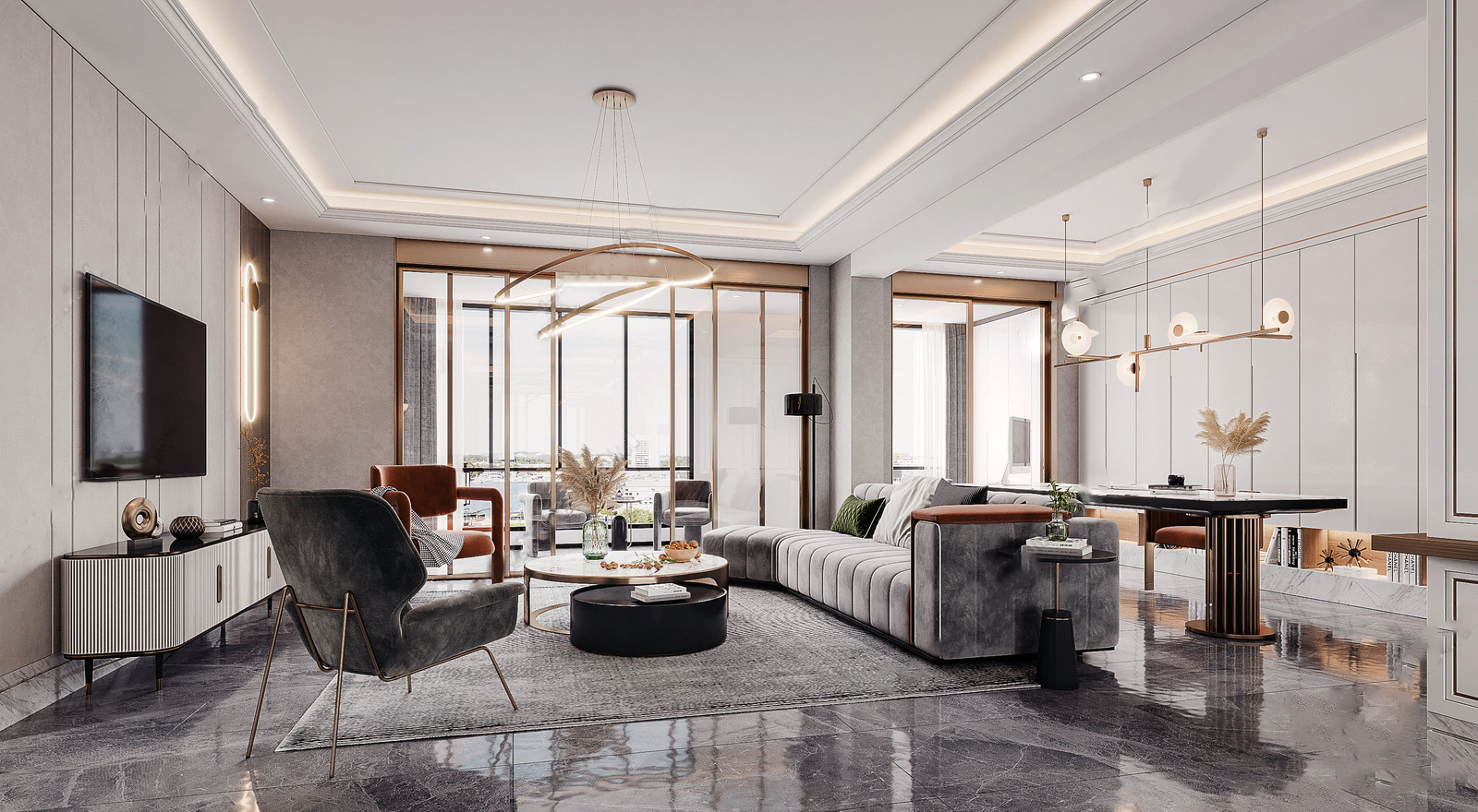 Thiết Kế Phòng Khách Căn Hộ Chung Cư 56m2 Sun Grand City