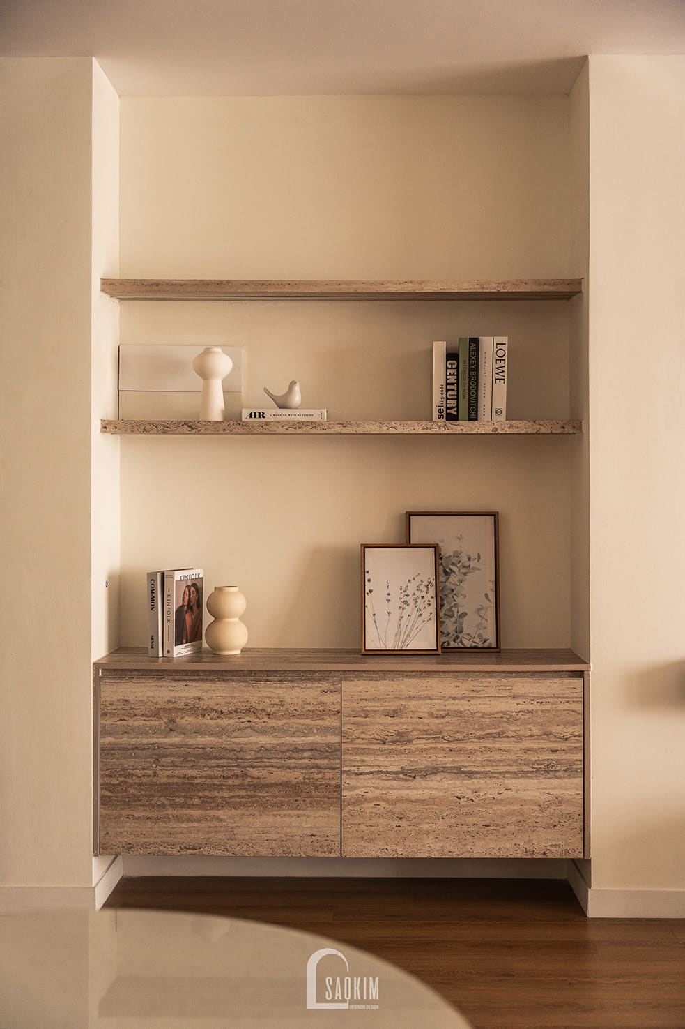 Thiết kế thi công nội thất phòng khách chung cư phong cách Wabi Sabi mix Japandi dự án Hà Nội Paragon 138m2