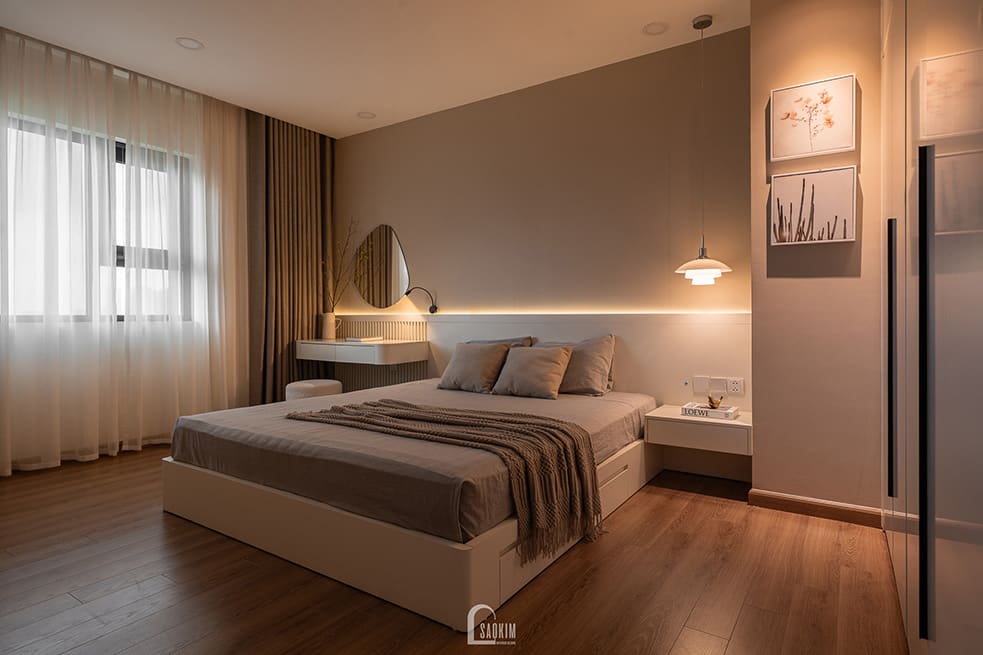 Thiết kế thi công nội thất phòng ngủ master chung cư phong cách Wabi Sabi mix Japandi dự án Hà Nội Paragon 138m2