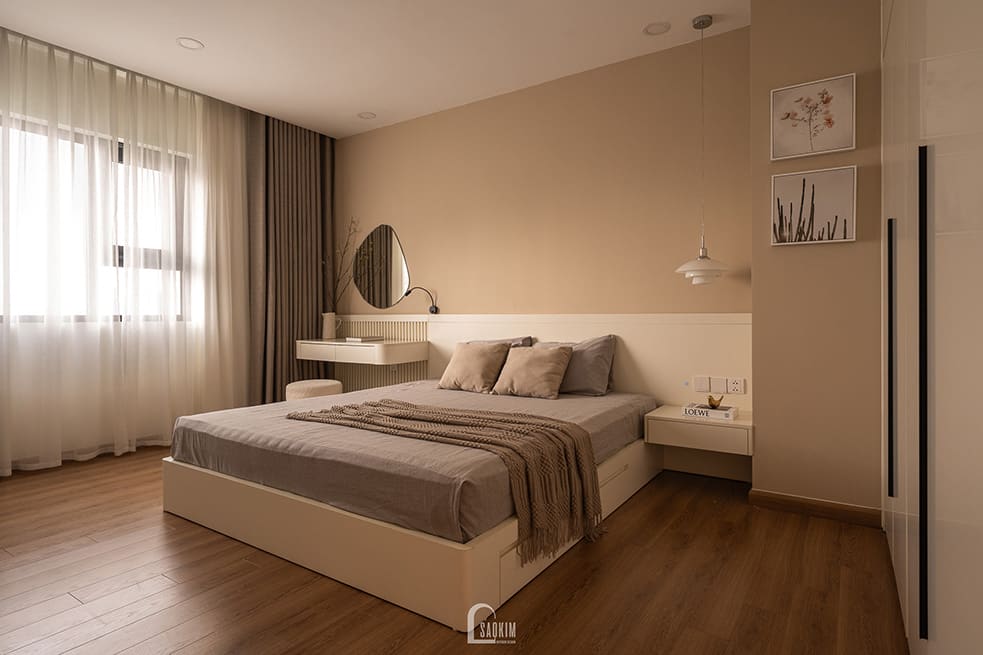 Thiết kế thi công nội thất chung cư phong cách Wabi Sabi mix Japandi dự án Hà Nội Paragon 138m2 - phòng ngủ