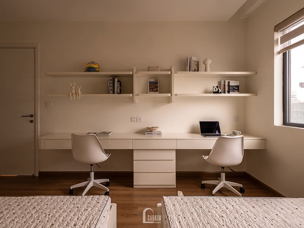 Thiết kế thi công nội thất khong gian học tập trong phòng ngủ cho 2 bé phong cách Wabi Sabi mix Japandi – Ấm Áp và Đa Năng