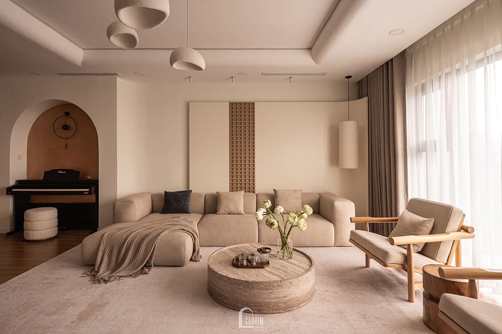 Thiết kế thi công nội thất phòng khách chung cư phong cách Wabi Sabi mix Japandi dự án Hà Nội Paragon 138m2