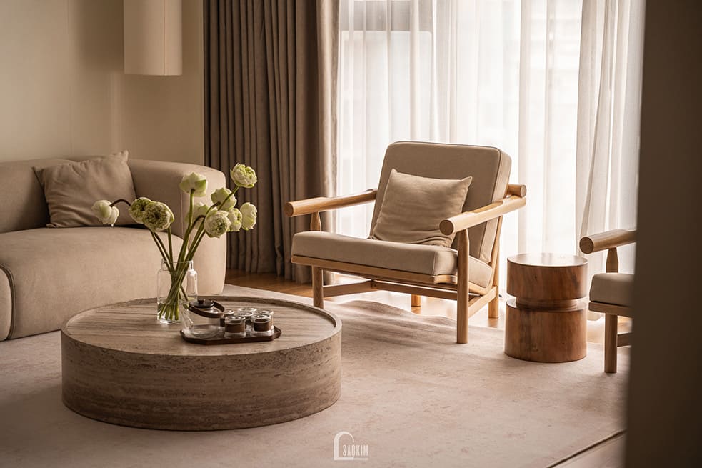 Thiết kế thi công nội thất phòng khách chung cư phong cách Wabi Sabi mix Japandi dự án Hà Nội Paragon 138m2