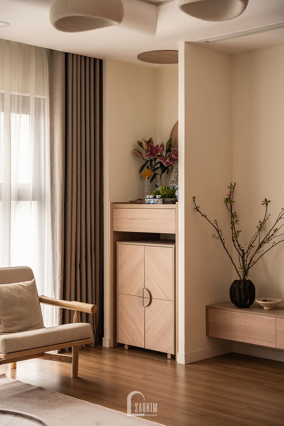 Thiết kế nội thất ban thờ chung cư phong cách Wabi Sabi mix Japandi dự án Hà Nội Paragon 138m2