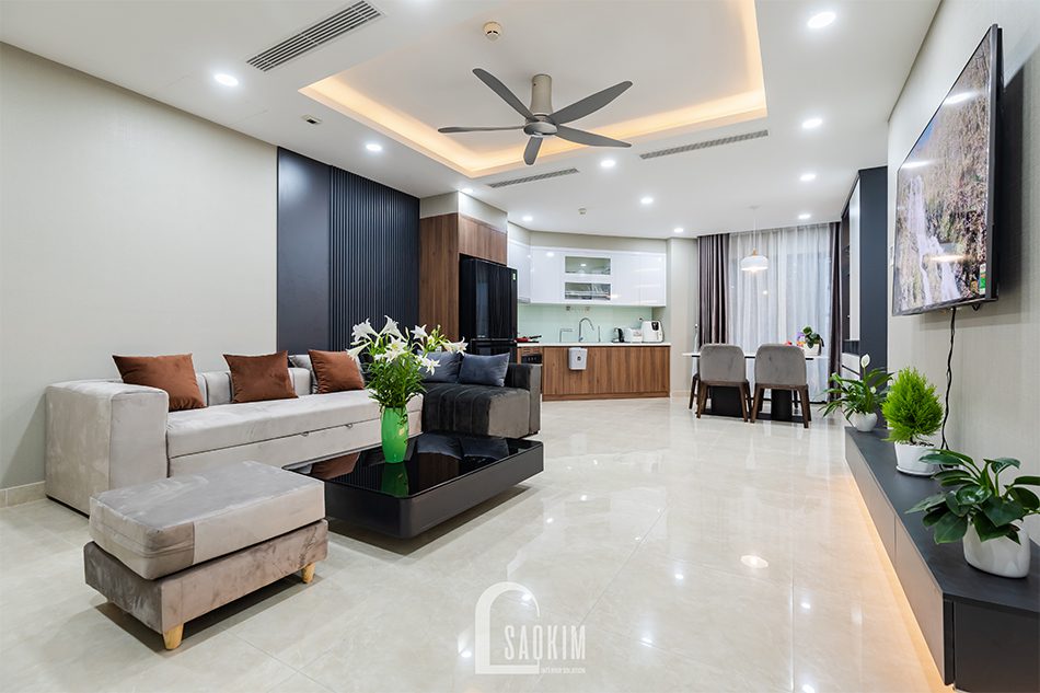 Thi công nội thất phòng khách căn hộ Golden Park mang vẻ đẹp ấm cúng với phong cách hiện đại