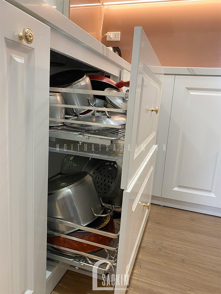 Thi công nội thất phòng bếp căn hộ phong cách Tân Cổ Điển dự án Le Grand Jardin Sài Đồng mang vẻ đẹp tinh tế, sang trọng