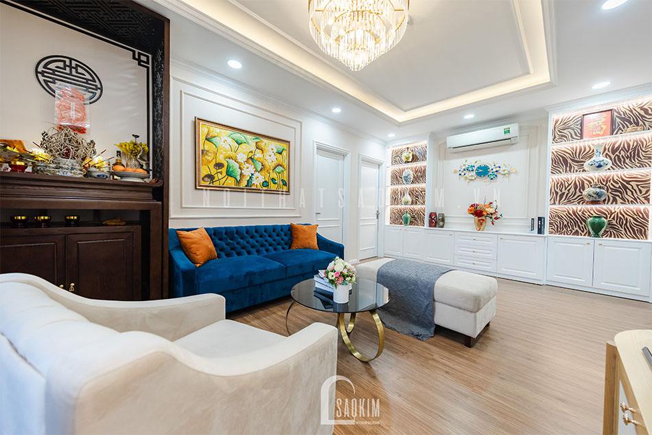 Thi công nội thất phòng khách căn hộ phong cách Tân Cổ Điển dự án Le Grand Jardin Sài Đồng, mỗi món đồ nội thất đều được chăm chút kỹ lưỡng