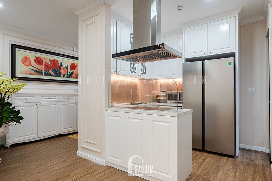 Thi công nội thất phòng bếp căn hộ phong cách Tân Cổ Điển dự án Le Grand Jardin Sài Đồng mang vẻ đẹp tinh tế, sang trọng