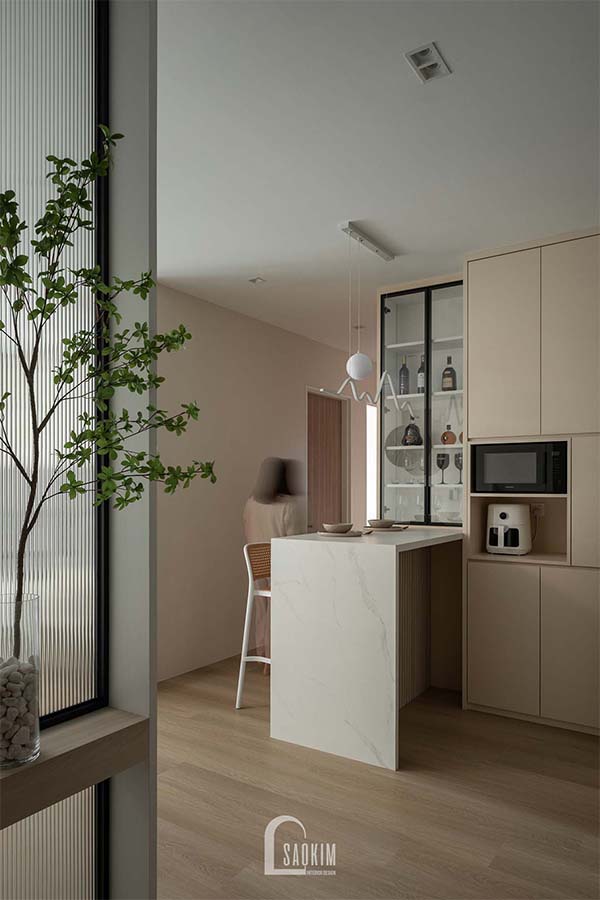 Thi công nội thất phòng bếp chung cư 48m2 Lacasta Văn Phú theo phong cách tối giản