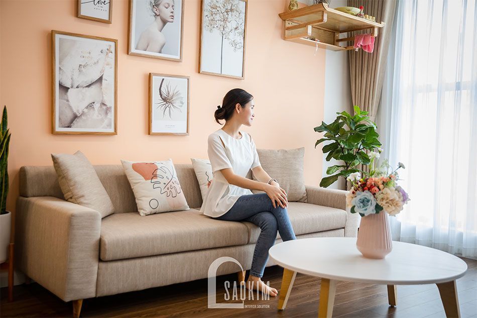 Thiết kế và thi công phòng khách chung cư Sushine Garden gam màu pastel ngọt ngào, cuốn hút