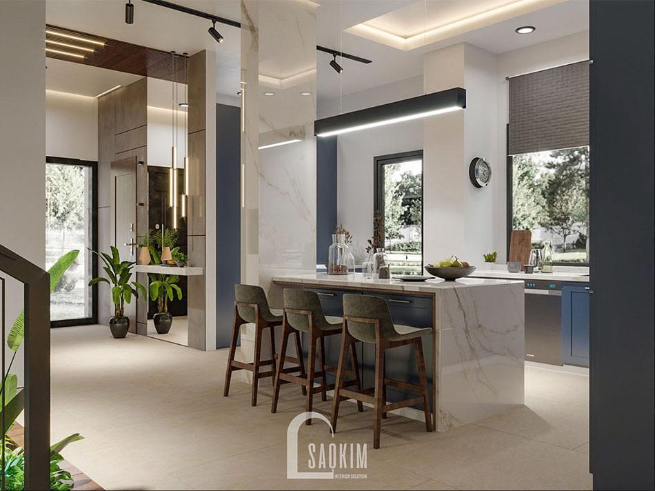 Không gian bếp bố trí bàn đảo sang trọng, tiện lợi 