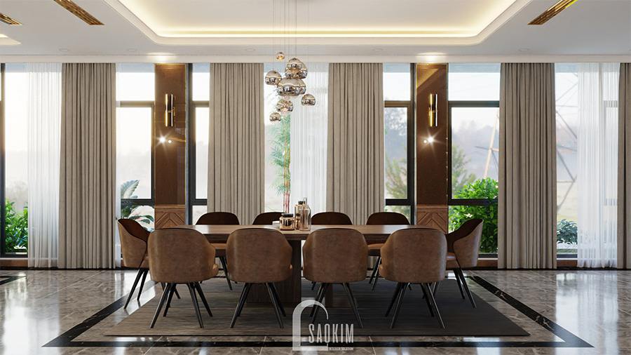 Sự kết hợp hoàn hảo của đồ nội thất, màu sắc và ánh sáng khiến cho phòng ăn thêm phần sang trọng