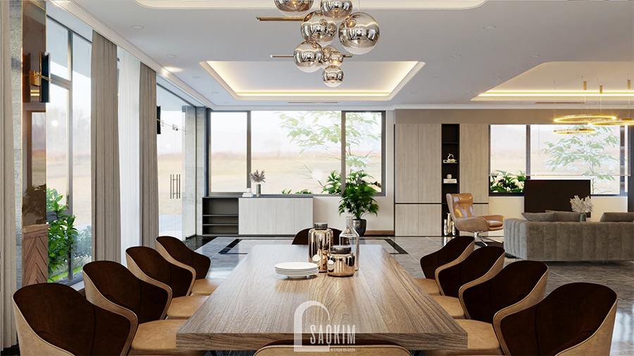 Thiết kế phòng ăn biệt thự nghỉ dưỡng theo phong cách hiện đại gam màu nâu