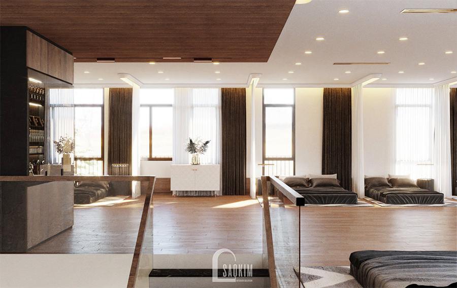 Bước lên cầu thang sẽ thấy ngay không gian phòng ngủ chung cho các thành viên trong nhà