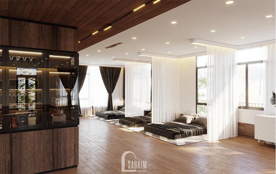 Rèm được sử dụng ngăn không gian, tạo khoảng riêng tư cho mỗi giường ngủ