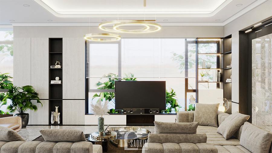 Thiết kế phòng khách biệt thự nghỉ dưỡng hiện đại tại Ba Vì kết hợp giữa các gam màu trung tính