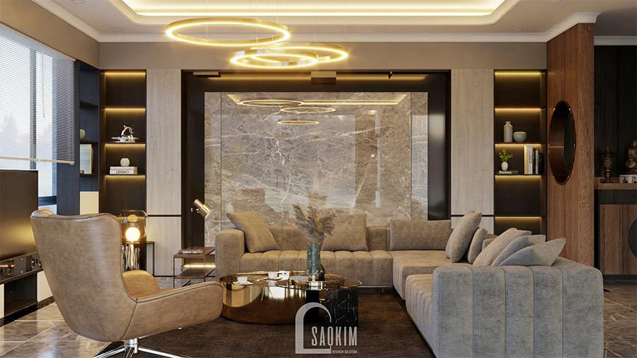 Thiết kế biệt thự nghỉ dưỡng đẹp theo phong cách hiện đại lựa chọn vật liệu như gỗ óc chó, đá hoa cương, da,...