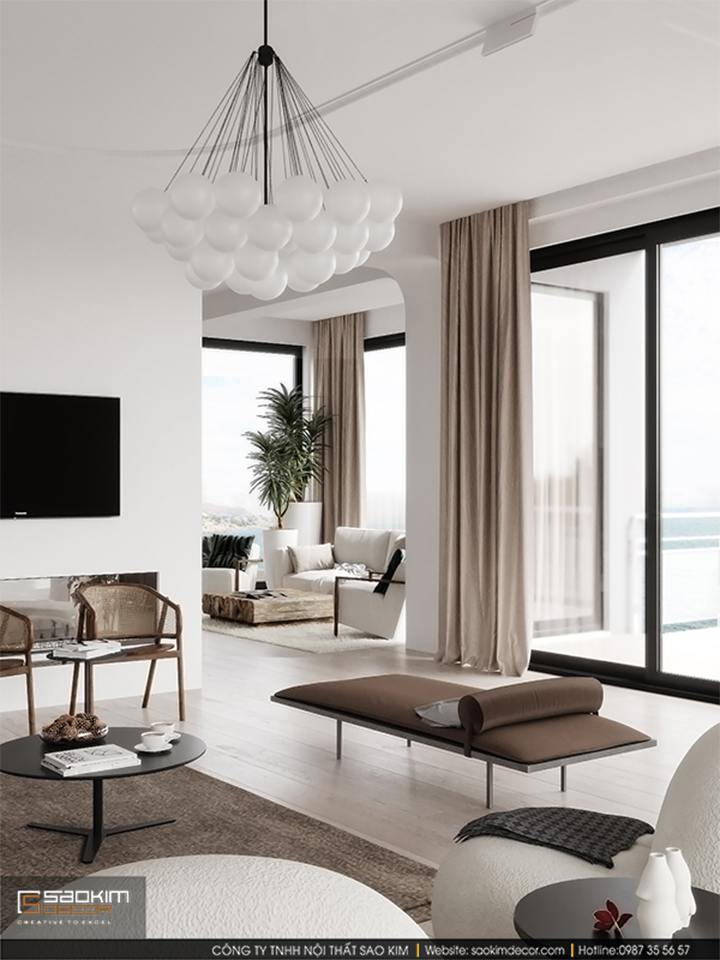 Mẫu nhà biệt thự ven biển đặt một chiếc văng ở phòng khách