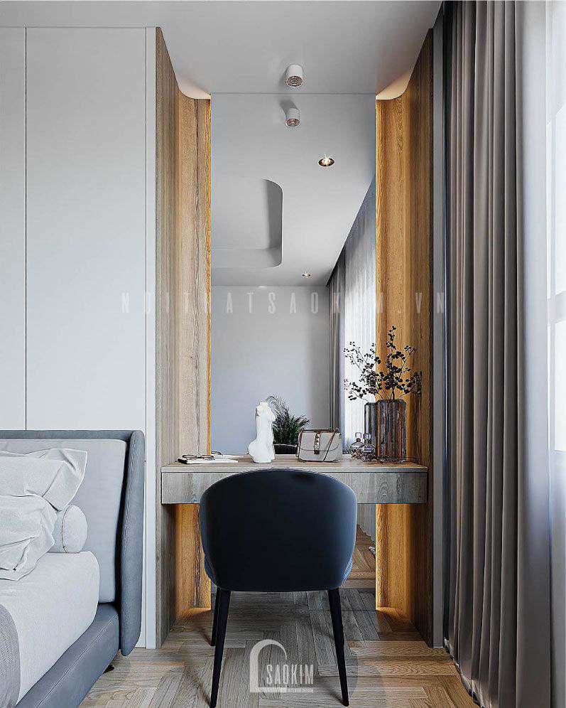 Cận cảnh vị trí bàn trang điểm với chiếc gương lớn