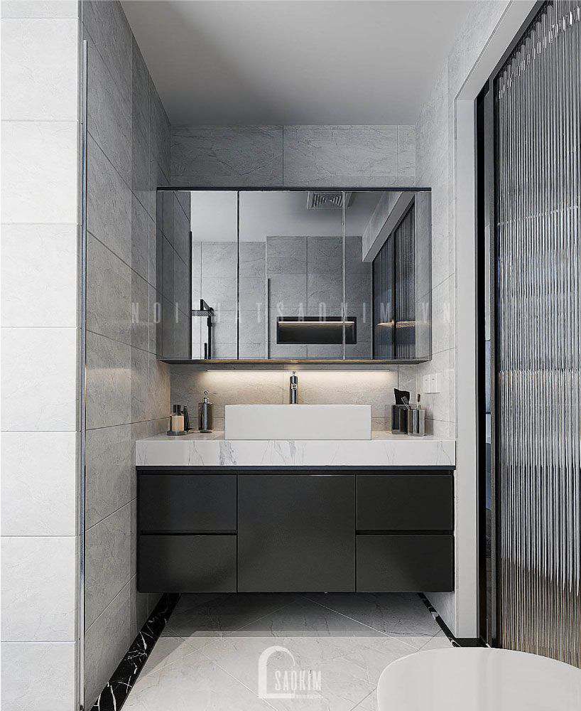 Nhà vệ sinh thiết kế sang trọng hiện đại có đèn led dưới gương