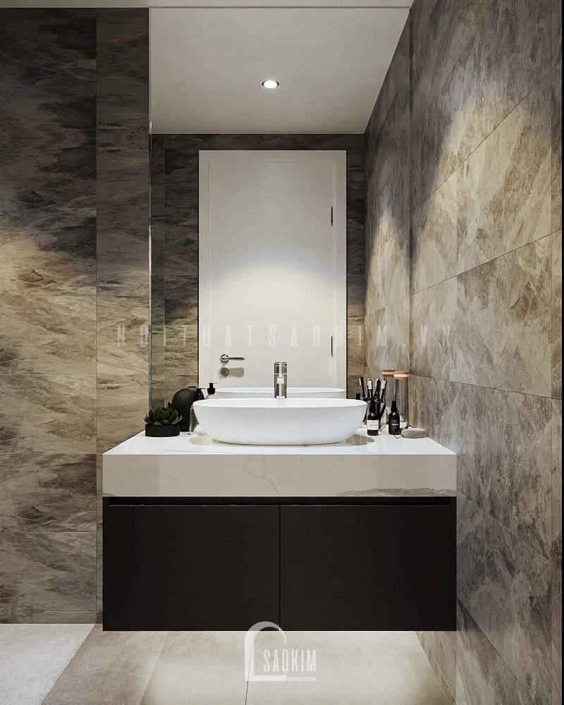 Nhà vệ sinh thiết kế hiện đại có ngăn tủ ở phía dưới