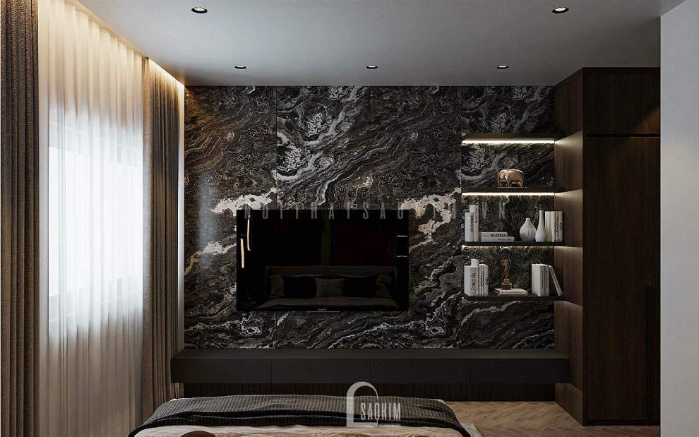 Vác tường treo tivi ốp bằng đá vân trắng cao cấp