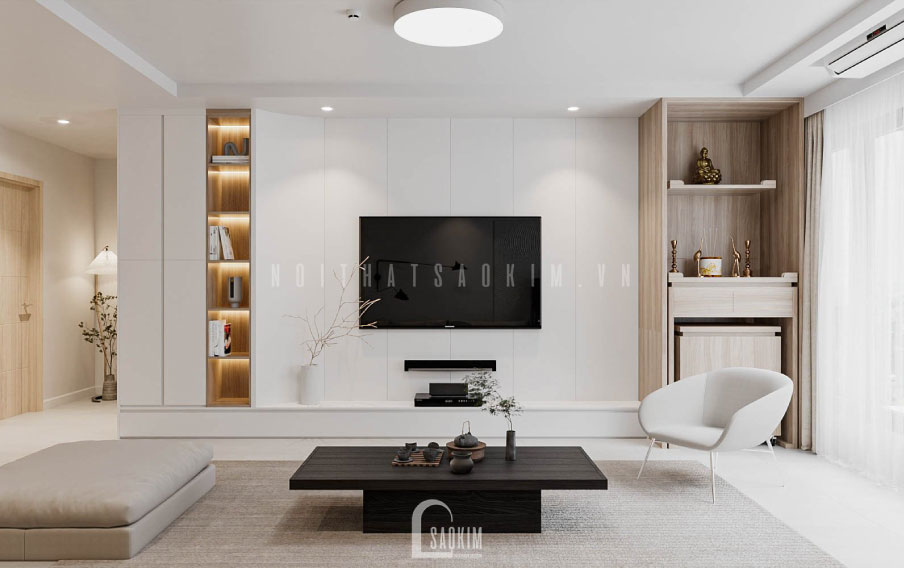 Có thể thấy thiết kế nôi thất phòng khách chung cư La Casta Văn Phú có góc xem tivi giải trí rộng