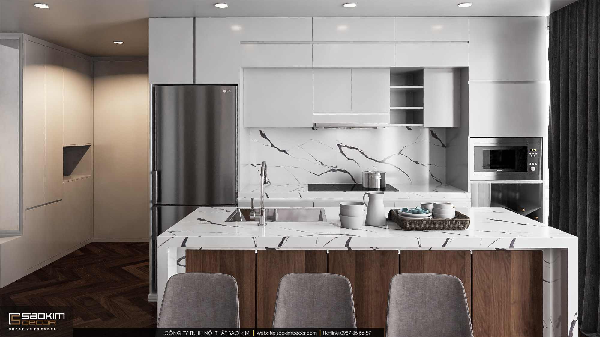 Thiết kế nội thất phòng bếp chung cư duplex sang trọng với đồ nội thất cao cấp