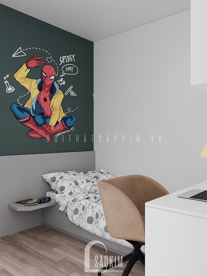 Thiết kế phòng ngủ con trai căn hộ phong cách hiện đại 92m2 Thiên Niên Kỷ (Ha Tay Millennium) gam màu xám