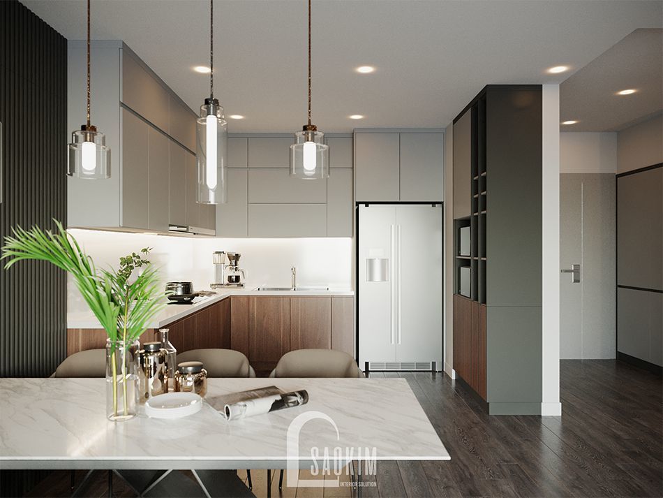Mẫu thiết kế căn hộ 3 phòng ngủ HPC Landmark 105 Tố Hữu với phòng bếp sạch sẽ, thoáng mát