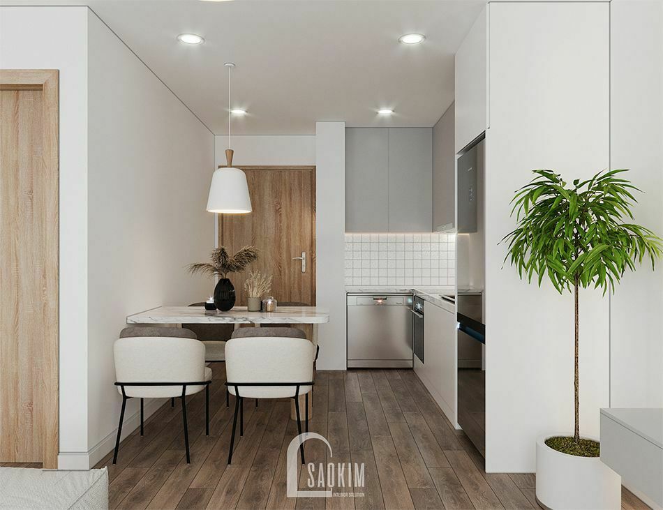 Mẫu thiết kế căn hộ 65m2 chung cư Vinhomes Smart City với không gian phòng ăn ấm cúng, bình yên