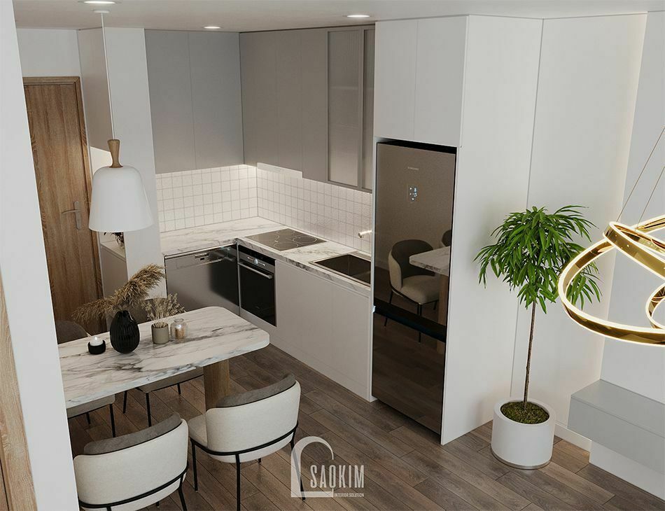 Không gian phòng ăn và bếp trong mẫu thiết kế căn hộ 65m2 chung cư Vinhomes Smart City