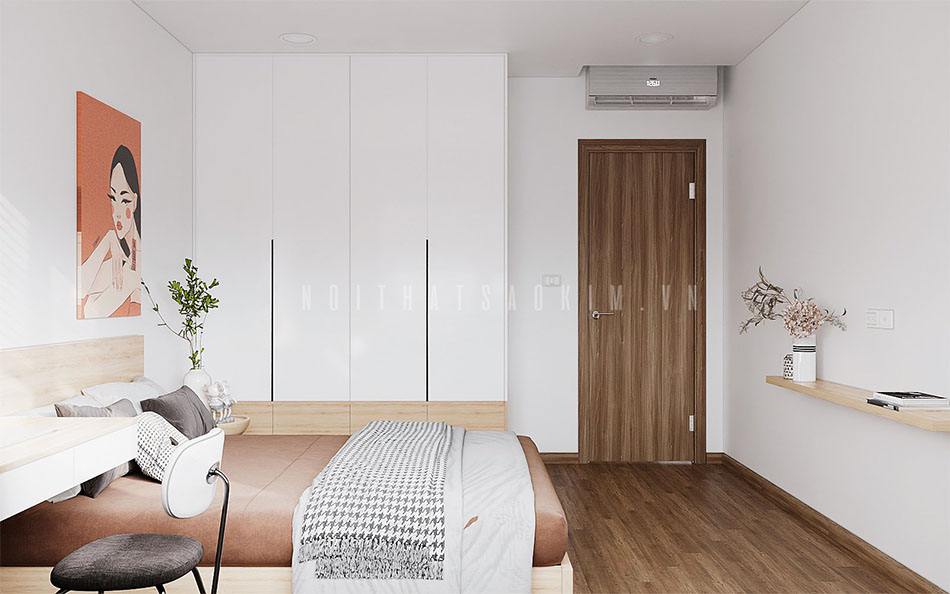 Gam màu nâu gỗ và màu trắng vẫn là màu được lựa chọn cho phòng ngủ này