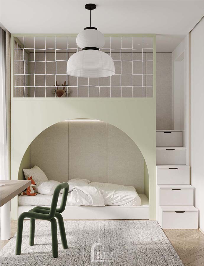 Thiết kế thi công nội thất phòng ngủ cho bé chung cư Mullberry Lane với hệ giường tầng và màu pastel nhẹ nhàng, tươi sáng