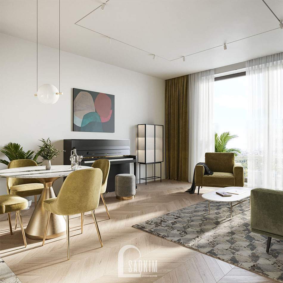 Không gian phòng khách rộng thoáng, tươi mới
