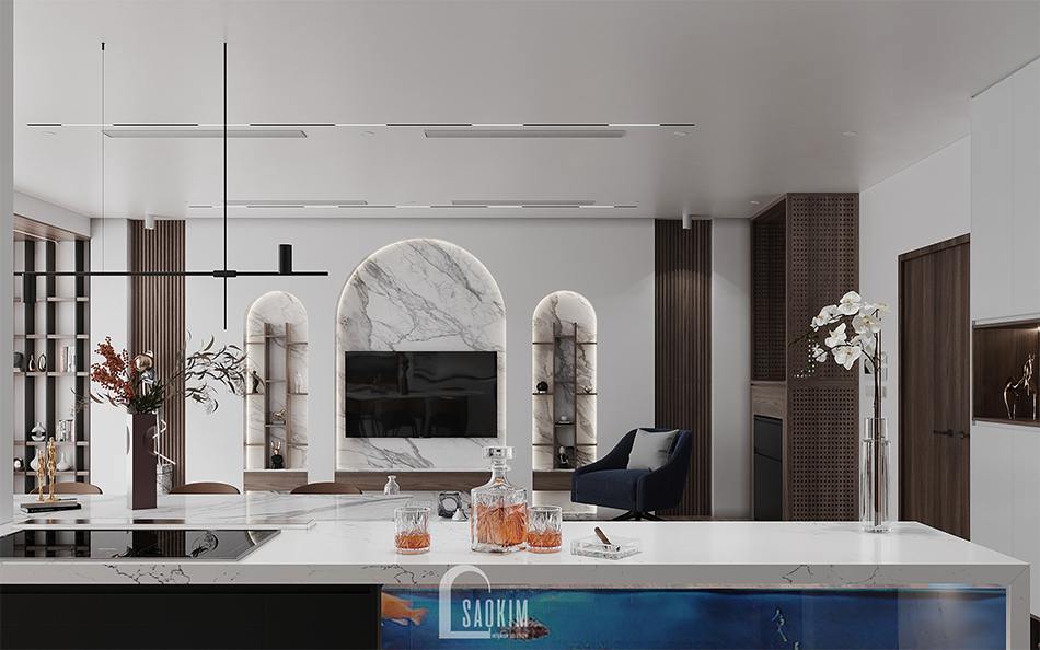 View nhìn từ phòng bếp ra phòng khách toát lên vẻ đẹp sang trọng