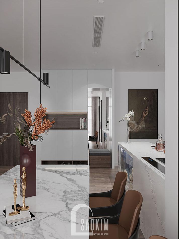 Đối diện bàn ăn hướng ra cửa chính là tủ giày hiện đại