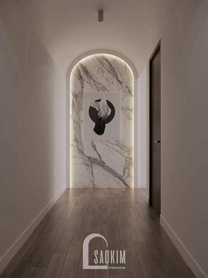 Hành lang đi vào căn hộ The Zen Gamuda toát lên vẻ đẹp hiện đại, sang trọng với vách cong ốp đá
