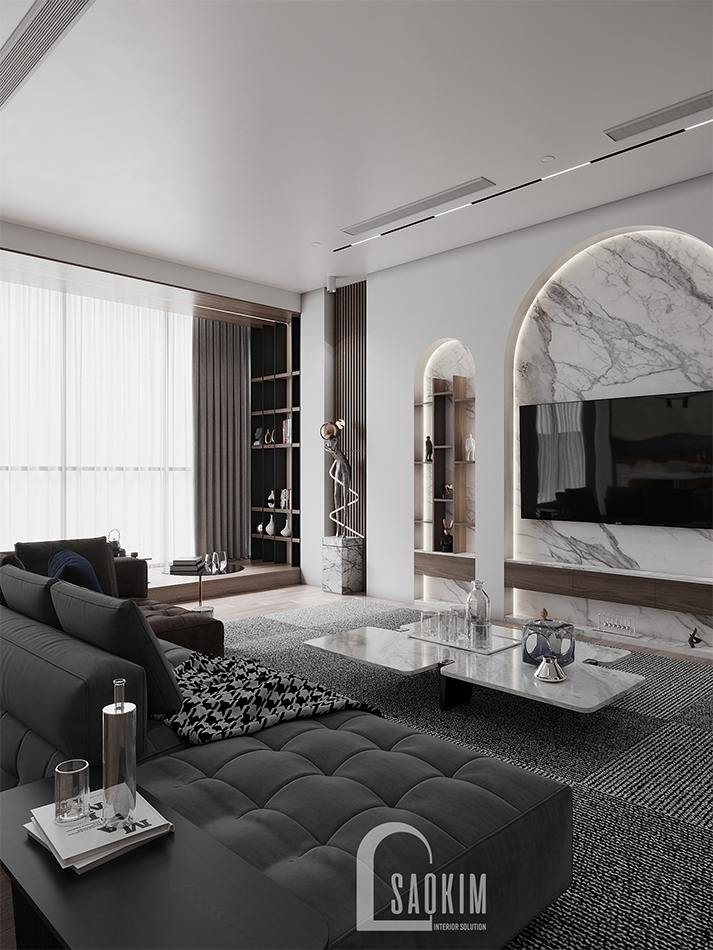 Bất kỳ ai bước chân vào đây cũng bị thu hút bởi vẻ đẹp hiện đại, sang trọng của phòng khách này