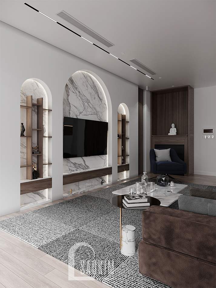 Màu sắc, vật liệu được kết hợp hài hòa trong không gian thiết kế phòng khách chung cư The Zen Gamuda