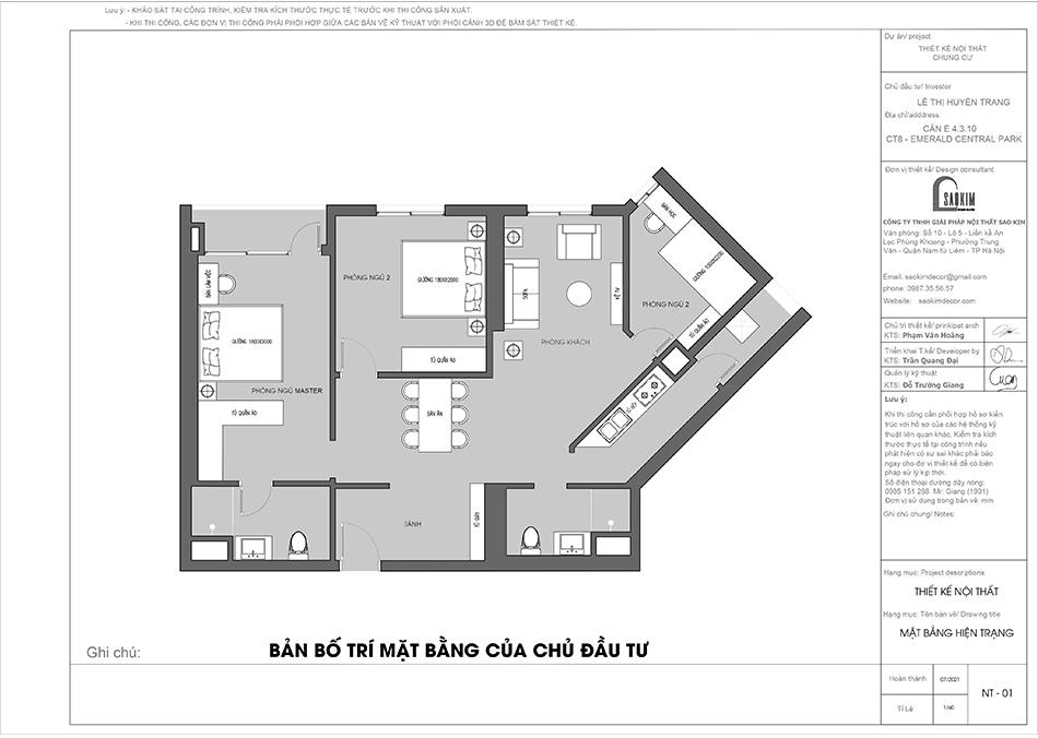 Bản bố trí mặt bằng thiết kế chung cư 110m2 Emerald Center Park Mỹ Đình của chủ đầu tư