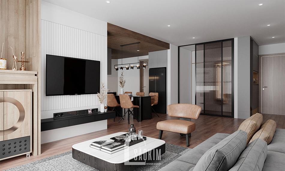 Thiết kế phòng khách chung cư 110m2 3 phòng ngủ Emerald Center Park Mỹ Đình