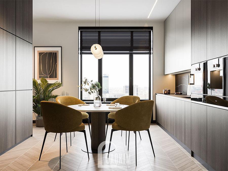 Mẫu phòng ăn và bếp trong thiết kế chung cư 2 phòng ngủ 113m2 Yên Hoà Sunshine