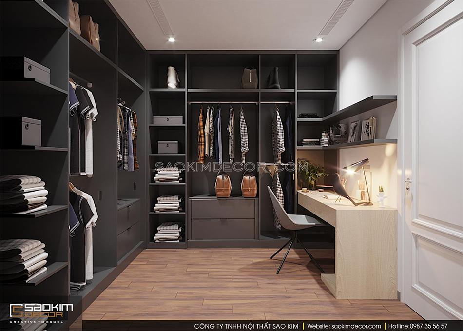 Thiết kế văn phòng làm việc tại gia kết hợp phòng thay đồ