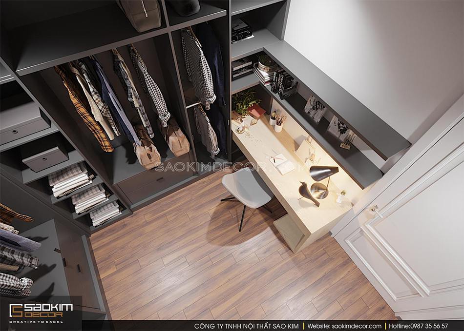 Thiết kế văn phòng làm việc tại gia kết hợp phòng thay đồ