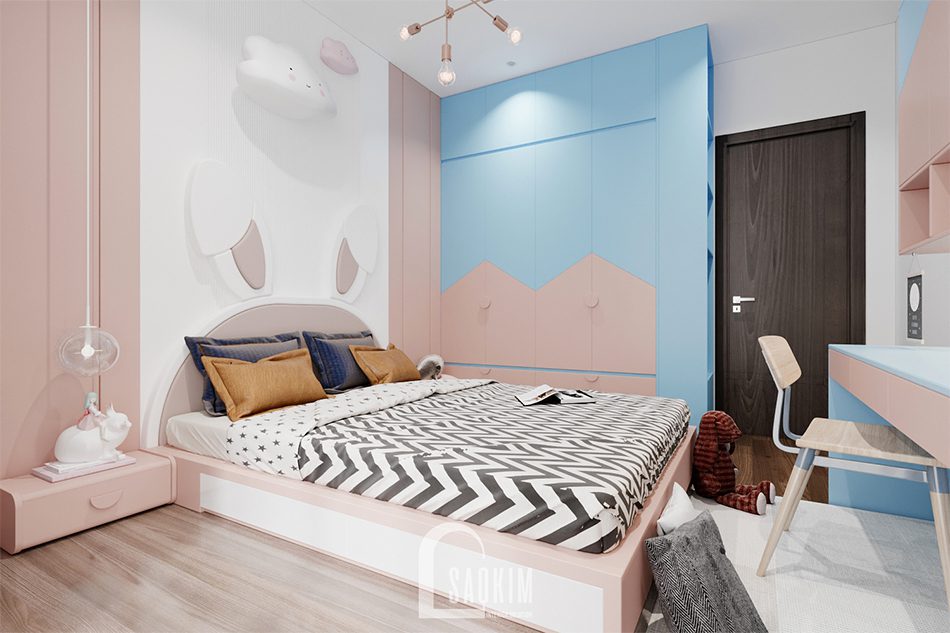 Thiết kế phòng ngủ bé gái chung cư The Zen Gamuda 157m2 gam màu xanh dương và hồng pastel