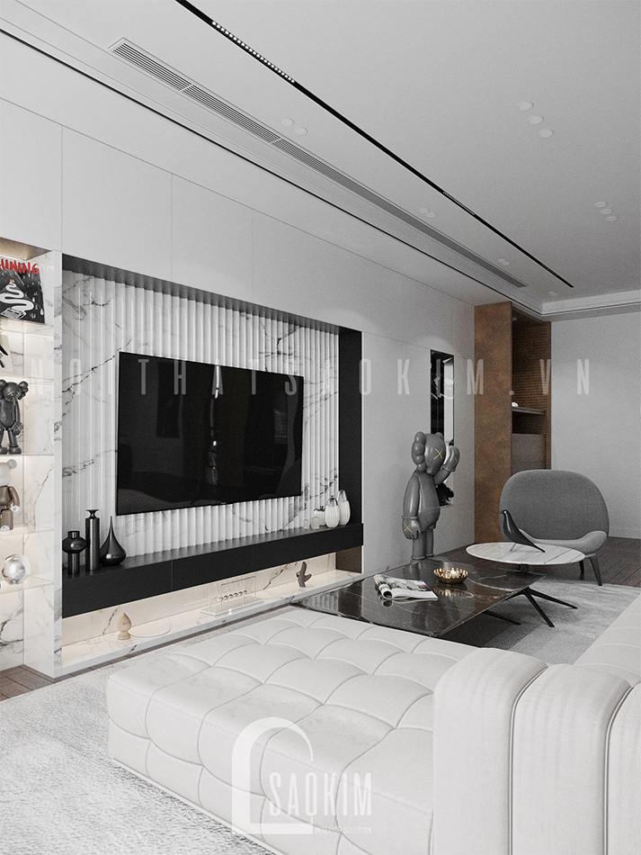 Thiết kế phòng khách chung cư 3 phòng ngủ The Zen Gamuda 157m2 vẻ đẹp hiện đại, tinh tế với gam màu trắng làm chủ đạo