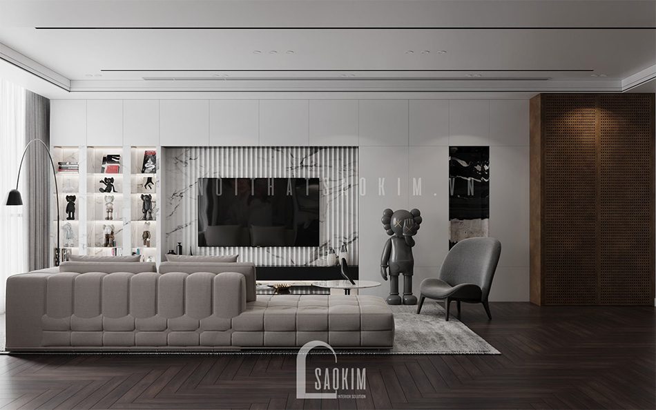 Thiết kế phòng khách chung cư 3 phòng ngủ The Zen Gamuda 157m2 vẻ đẹp hiện đại, tinh tế với gam màu trắng làm chủ đạo