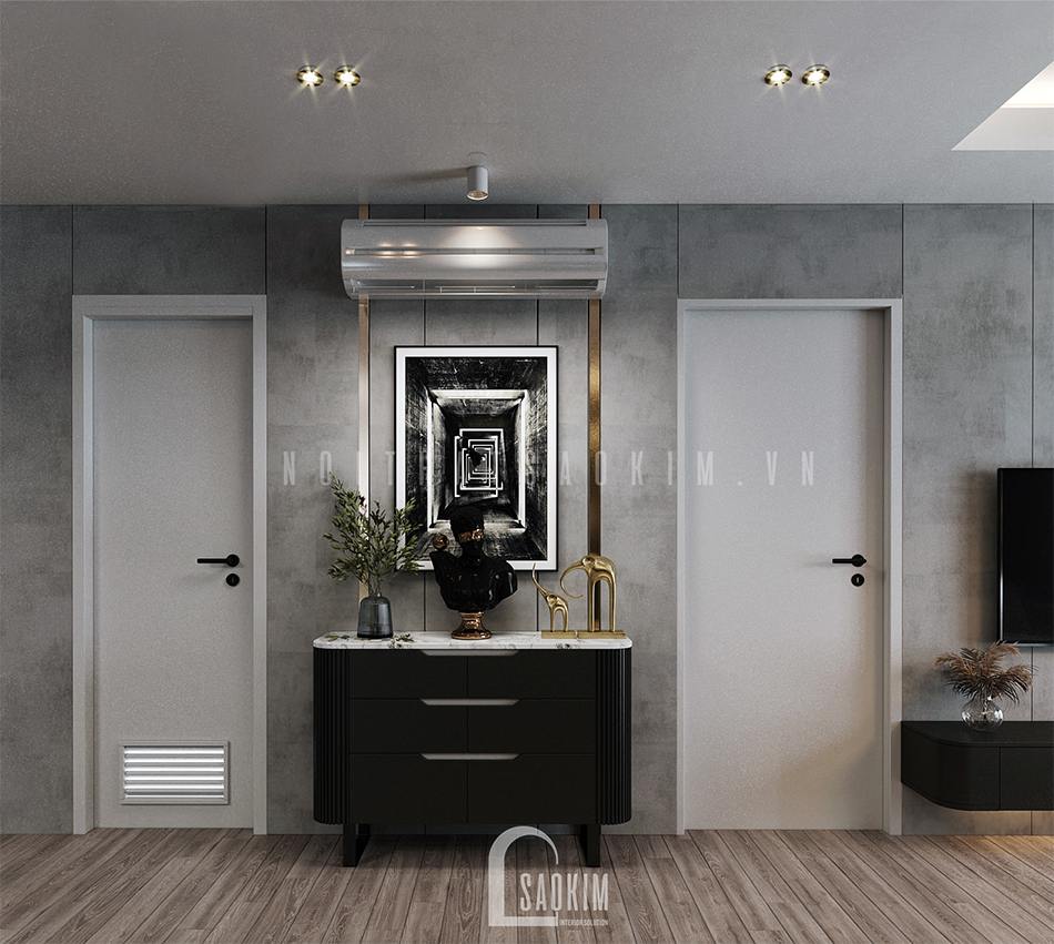 Thiết kế chung cư 97m2 Le Grand Jarrdin kết hợp tông màu đen - trắng đẹp ngỡ ngàng. Tủ console màu đen, mặt tủ bằng đá