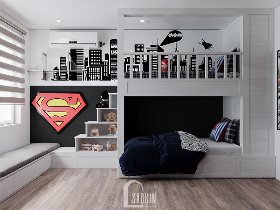 Thiết kế phòng ngủ bé trai chung cư phong cách hiện đại Huyndai Hillstate cho bé thích siêu nhân Supermen